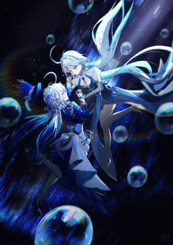 2girls absurdres barefoot blue_hair bubble dress focalors_(genshin_impact) furina_(genshin_impact) genshin_impact hat high_heels highres holding holding_hands long_hair multiple_girls rainbow star_(sky) tongyu