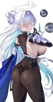 1girl ass black_pantyhose breasts colored_eyelashes earrings from_behind g4inrin goddess_of_victory:_nikke gradient_halo hair_bun halo highres jewelry multicolored_halo nayuta_(nikke) pantyhose solo thick_eyelashes white_eyelashes