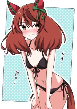 1girl absurdres animal_ears bikini black_bikini blue_background blush brown_eyes brown_hair ear_covers front-tie_bikini_top front-tie_top highres horse_ears horse_girl horse_tail leaning_forward looking_at_viewer motti_(motthi0711) multicolored_hair nice_nature_(umamusume) nose_blush side-tie_bikini_bottom solo streaked_hair swimsuit tail twintails umamusume