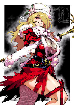 1girl absurdres belt blonde_hair breasts commentary_request dress fishnets fur_trim glint gloves hair_between_eyes hat highres holding holding_weapon large_breasts long_hair megido72 outstretched_arm red_dress red_eyes red_gloves santa_costume shinkuukan_(tetsuo3) sitri_(megido72) smile standing weapon