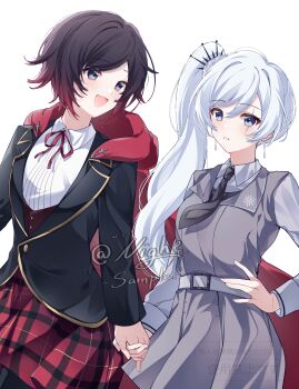 Rule 34 | 2girls, absurdres, artist name, black hair, blue eyes, chinese commentary, commentary request, earrings, gradient hair, grey eyes, highres, holding hands, hood, jewelry, long hair, mizaoxian zongzi, multicolored hair, multiple girls, necktie, open mouth, pantyhose, red hair, ruby rose, rwby, scar, scar across eye, scar on face, school uniform, short hair, side ponytail, skirt, smile, watermark, weiss schnee, white background, white hair