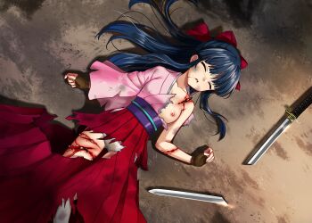 1girl absurdres blood blue_hair bow breasts breasts_out broken broken_sword broken_weapon defeat fingerless_gloves gloves hair_ribbon highres injury japanese_clothes legs long_hair long_skirt lying medium_breasts nipples open_mouth panties ponytail red_bow ribbon sakura_taisen sega shinguuji_sakura skirt solo stained_panties sword thighs tongue torn_clothes underwear weapon