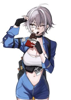1girl absurdres ahoge bandaid bandaid_on_face bandaid_on_nose blue_jacket blue_shorts breasts candy chocolate chocolate_bar choker cleavage crop_top ear_piercing fingerless_gloves food front_zipper gloves goddess_of_victory:_nikke grey_hair gun highres holding holding_chocolate holding_food jacket mori_(nikke) multicolored_hair navel one_eye_closed piercing short_hair shorts strap streaked_hair thighs tomboy underbust weapon white_background yellow_eyes ymr_yamero