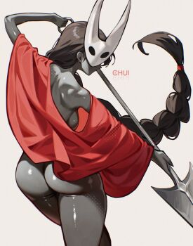 1girl ass black_hair braid braided_ponytail breasts character_mask chui_art cloak colored_skin commentary cosplay cowboy_shot english_commentary from_behind grey_skin highres holding holding_weapon hollow_knight horned_mask hornet_(hollow_knight) hornet_(hollow_knight)_(cosplay) long_hair mask mask_on_head medium_breasts naked_cloak needle_(hollow_knight) original red_cloak shiny_skin simple_background solo weapon white_background white_mask