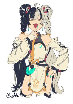 1girl ahoge animal_print aqua_nails bare_shoulders bear_print black_hair braid braided_twintails china_dress chinese_clothes collarbone commentary cowboy_shot cropped_legs detached_sleeves dialyn_(zenless_zone_zero) dress earrings finger_to_mouth hair_extensions hair_ornament hand_on_own_hip highres itiha008 jewelry long_hair looking_at_viewer multicolored_hair multicolored_nails necktie open_mouth panda_hair_ornament panda_print pelvic_curtain red_nails ring_hair_extensions simple_background solo sparkling_eyes split-color_hair symbol-only_commentary thighhighs twitter_username white_background white_dress white_hair white_thighhighs wire yellow_eyes yellow_necktie zenless_zone_zero