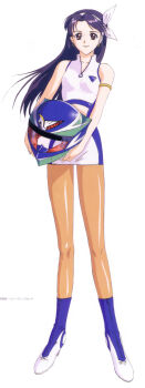 1990s_(style) 1girl absurdres artbook bare_shoulders brown_eyes female_focus full_body future_gpx_cyber_formula helmet highres hisayuki_hirokazu light_smile long_hair long_image looking_at_viewer pantyhose purple_hair race_queen retro_artstyle scan simple_background solo standing tall_image yuuki_rena