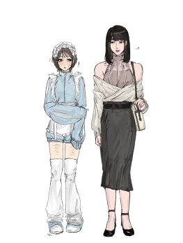 ! ... 2ckelasie 2girls ? aegyo_sal alternate_costume apron arm_at_side bag bare_shoulders belt black_belt black_eyes black_hair black_nails black_shoes black_skirt blue_jacket blue_shoes blue_shorts blunt_bangs blush breasts brown_hair cho_hyun-ju closed_mouth collarbone commentary eye_contact facing_viewer flying_sweatdrops frilled_apron frills full_body hand_on_own_arm headdress high-waist_skirt high_heels highres holding holding_bag jacket jersey_maid kim_young-mi lips long_skirt long_sleeves looking_at_another maid maid_apron maid_headdress medium_hair multiple_girls nail_polish off-shoulder_jacket off_shoulder pencil_skirt pigeon-toed puffy_long_sleeves puffy_shorts puffy_sleeves self-harm shoes short_hair shorts shoulder_bag sideways_glance simple_background single_vertical_stripe skirt sleeveless sleeveless_sweater sleeveless_turtleneck small_breasts squid_game standing straight-on straight_hair sweat sweater swept_bangs symbol-only_commentary thighhighs track_jacket turtleneck turtleneck_jacket turtleneck_sweater unconventional_maid waist_apron white_apron white_background white_bag white_headdress white_jacket white_thighhighs wispy_bangs zipper