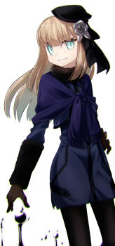 1girl aqua_eyes beret black_hat black_pantyhose blonde_hair blue_dress blue_jacket blue_scarf blush breasts brown_gloves commentary_request cropped_jacket dress fate_(series) flower fur_collar gloves grey_flower grey_rose grin hat highres jacket long_hair long_sleeves looking_at_viewer lord_el-melloi_ii_case_files mercury_(element) pantyhose reines_el-melloi_archisorte rose scarf sidelocks small_breasts smile solo thighs tilted_headwear volumen_hydragyrum_(fate) yubeshi_(zecxl)