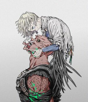 1boy 1girl alien bifurcated_jaw black_sclera blood blue_eyes broken_tooth colored_sclera dek_(predator) dreadlocks eye_contact green_blood head_back highres humanoid_robot jaw looking_at_another mandibles predator:_badlands predator_(series) rayu9595 robot robot_girl severed_torso sharp_teeth short_hair smile teeth thia_(predator) white_hair yellow_eyes