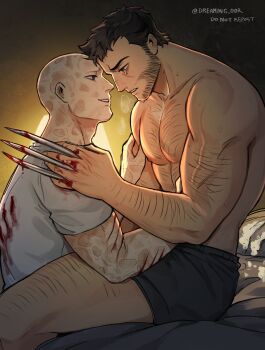 2boys arm_hair bald bara beard black_male_underwear bleeding blood blood_on_clothes blood_on_hands breath brown_hair chest_hair claw_(weapon) comforting couple cuts deadpool deadpool_&amp;_wolverine deadpool_(series) dreaming_oor eye_contact facial_hair forehead-to-forehead hairy heads_together highres injury large_pectorals leg_hair light_smile looking_at_another male_focus male_underwear marvel marvel multiple_boys muscular muscular_male nipples pectorals scar scars_all_over shirt short_hair sitting sitting_on_lap sitting_on_person sweat tears too_many underwear veins veiny_arms weapon white_shirt wolverine_(x-men) x-men yaoi