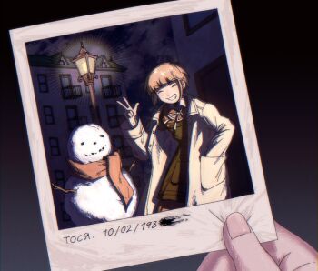 Rule 34 | > <, 1girl, apron, black apron, check translation, closed eyes, cowboy shot, dated, grin, hand in pocket, jacket, lamppost, littleluckygrassking, night, open clothes, open jacket, outdoors, polaroid photo, red scarf, scarf, school uniform, smile, snowman, soviet school uniform, tosya (z.a.t.o.), translation request, w, white jacket, z.a.t.o. // i love the world and everything in it