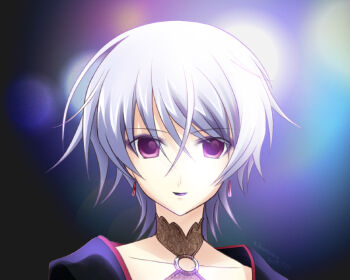 1girl blurry bokeh chaos;head choker collarbone commentary_request depth_of_field floral_print halterneck jacket jewelry kishimoto_ayase looking_at_viewer pendant_earring phantasm portrait purple_eyes red_trim robber-krzk science_adventure short_hair smile solo upper_body