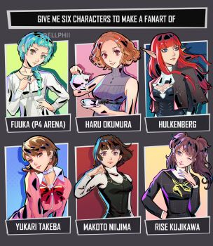 6+girls aqua_hair ascot bare_shoulders black_jacket black_ribbon black_sailor_collar black_shirt black_vest blue_eyes bow braid breasts brown_eyes brown_hair character_name choker closed_mouth commentary copyright_name cropped_jacket crown_braid cup curly_hair ellphii english_commentary english_text frilled_sleeves frills gekkoukan_high_school_uniform grey_background hand_on_own_hip highres holding holding_cup holding_teapot hulkenberg_(metaphor:_refantazio) jacket jacket_on_shoulders jewelry kujikawa_rise long_hair long_sleeves looking_ahead looking_at_viewer medium_breasts metaphor:_refantazio multiple_drawing_challenge multiple_girls neckerchief necklace niijima_makoto okumura_haru parted_lips persona persona_3 persona_4 persona_4:_the_ultimate_in_mayonaka_arena persona_5 pink_lips pink_shirt pointy_ears pouring purple_hair purple_shirt red_bow red_eyes red_hair ribbon sailor_collar school_uniform shirt short_hair sidelocks single_braid six_fanarts_challenge sleeveless sleeveless_shirt small_breasts smile swept_bangs takeba_yukari tea teapot twintails twitter_username vest white_ascot white_choker white_shirt yamagishi_fuuka yasogami_school_uniform yellow_neckerchief