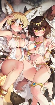2girls absurdres alternate_costume animal_ear_fluff animal_ears anklet arm_up armpits barefoot black_serval_(kemono_friends) blonde_hair blush bracelet breasts brown_hair closed_mouth collarbone commentary covered_erect_nipples dot_mouth dress extra_ears fox_ears fox_girl fox_tail frilled_pillow frills gold_anklet gold_bracelet gold_thighlet hair_between_eyes highres jewelry kemono_friends long_hair looking_at_viewer low_ponytail lying medium_breasts melaton multicolored_hair multiple_girls navel necklace on_back open_mouth orange_eyes pillow plunging_neckline ponytail revealing_clothes rueppell's_fox_(kemono_friends) short_hair tail thighlet white_dress yellow_eyes