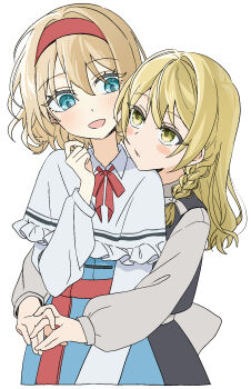 2girls alice_margatroid back_bow black_skirt black_vest blonde_hair blue_dress blush bow bowtie braid capelet commentary_request dress hair_bow hairband highres hug hug_from_behind kirisame_marisa multiple_girls no_headwear open_mouth red_bow red_bowtie red_hairband side_braid simple_background single_braid skirt smile touhou tsuno_no_hito vest white_background white_bow white_capelet yellow_eyes yuri