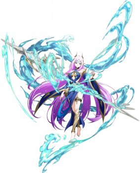 1girl armlet armor aura bare_shoulders barefoot blue_dress blue_eyes blue_nails blue_sleeves bracelet breasts cleavage closed_mouth criss-cross_halter crossed_legs detached_sleeves dress facial_mark floating floating_clothes floating_hair floating_object floating_weapon forehead_mark full_body game_cg gold_armlet gold_bra gold_tiara gold_trim gradient_hair greaves hair_ornament halterneck hydrokinesis jewelry langrisser langrisser_mobile light_smile liquid_weapon long_hair looking_at_viewer magic medium_breasts multicolored_hair nail_polish official_art parted_bangs pink_hair pointy_ears polearm purple_hair revealing_clothes shin_guards side_slit sidelocks simple_background solo spear standing sylrna_(langrisser) tachi-e thighlet third-party_source tiara transparent_background very_long_hair water weapon wide_sleeves