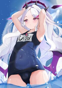 1girl absurdres arm_above_head armpits arms_up black_halo black_horns blue_archive blue_one-piece_swimsuit blue_sky blush breasts closed_mouth cloud covered_navel day demon_girl demon_horns demon_wings dot_nose gluteal_fold hair_ornament hairclip halo highres hina_(blue_archive) hina_(swimsuit)_(blue_archive) horns loli long_hair low_wings multiple_horns name_tag ocean old_school_swimsuit on_water one-piece_swimsuit outdoors parted_bangs purple_eyes school_swimsuit side_ponytail sky small_breasts solo standing sun sunlight swimsuit teritama_(teritama_house) thighs very_long_hair water_drop wet wet_clothes whistle whistle_around_neck wings