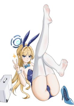 1girl absurdres blonde_hair blue_archive blue_eyes blush briefcase feet highres ittekinoame long_hair looking_at_viewer parted_lips playboy_bunny see-through_clothes see-through_legwear shoes single_shoe soles thighhighs toes toki_(blue_archive) toki_(bunny)_(blue_archive) unworn_shoes v white_thighhighs