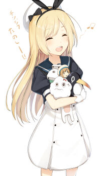 Rule 34 | 1girl, blonde hair, blue sailor collar, character doll, closed eyes, cowboy shot, doll, dress, error musume, failure penguin, female focus, gloves, hat, highres, jervis (kancolle), kantai collection, long hair, meth (emethmeth), miss cloud, sailor collar, sailor dress, sailor hat, short sleeves, simple background, smile, solo, translation request, white background, white dress, white gloves, white hat