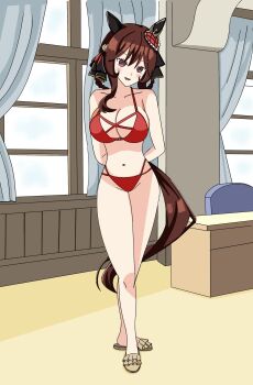 1girl animal_ears bikini blush breasts brown_hair gentildonna_(umamusume) highres horse_ears horse_girl horse_tail just_arata large_breasts smile swimsuit tail thick_thighs thighs umamusume