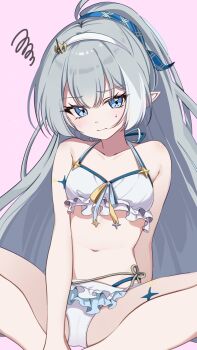 1girl ahoge arm_support bare_arms bare_shoulders barefoot bikini blue_eyes blush breasts cameltoe closed_mouth collarbone commentary_request female_tyrant_(stella_sora) female_tyrant_(swimsuit)_(stella_sora) grey_hair hair_ornament hair_tie hairband highres kano3 long_hair looking_at_viewer navel pink_background pointy_ears sidelocks simple_background sitting small_breasts solo spread_legs star_(symbol) stella_sora swimsuit tyrant_(stella_sora) very_long_hair wavy_mouth white_bikini white_hairband