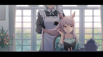 2girls absurdres animal_ears apron black_dress blue_dress book brushing_another&#039;s_hair brushing_hair chair closed_mouth cup curtains day dress eyes_out_of_frame flower fuyukayui grey_hair hair_brush hairdressing hand_up hashtag-only_commentary head_out_of_frame highres holding holding_another&#039;s_hair holding_book holding_hair_brush horse_ears horse_girl indoors letterboxed long_hair long_sleeves maid maid_apron mejiro_mcqueen_(umamusume) multiple_girls purple_eyes purple_hair reading red_flower signature smile teacup teapot umamusume white_apron yellow_flower
