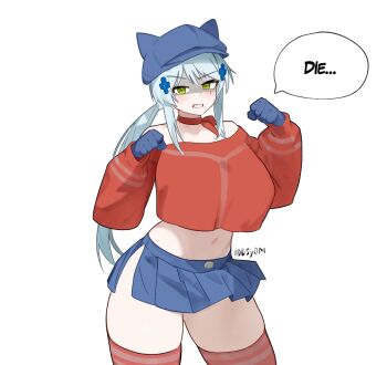 1girl bare_shoulders blue_gloves blue_hat blue_skirt breasts choker clenched_hands clenched_teeth cool_mita_(miside) cool_mita_(miside)_(cosplay) cosplay cowboy_shot crop_top crop_top_overhang d5y0m fake_horns girls'_frontline girls'_frontline_2:_exilium gloves green_eyes hands_up hat highres hk416_(girls'_frontline) horned_hat horns klukai_(girls'_frontline_2) large_breasts long_hair long_sleeves looking_at_viewer low_ponytail midriff miniskirt miside mita_(miside) navel newsboy_cap off-shoulder_sweater off_shoulder pleated_skirt ponytail red_choker red_sweater red_thighhighs ribbon_choker shaded_face side_slit simple_background skirt solo speech_bubble stomach sweater teeth thighhighs white_background white_hair zettai_ryouiki