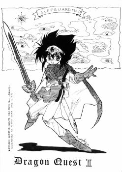 1990s_(style) 1992 1girl cape circlet dragon_quest dragon_quest_iii full_body gloves greyscale holding holding_sword holding_weapon looking_at_viewer map miyuki_yama monochrome open_mouth retro_artstyle roto_(dq3) smile solo sword weapon