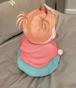 1girl aged_down baby barefoot blonde_hair blue_pants chainsaw_man demon_horns highres horns on_bed pacifier pants photo-referenced photo_background pink_shirt power_(chainsaw_man) red_horns shirt sitting solo taestymaee