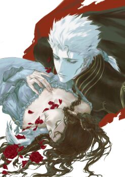 Rule 34 | 1boy, 1girl, brown hair, charlotte elbourne, closed eyes, earrings, flower, hashtag-only commentary, highres, jewelry, long hair, meier link, pointy ears, red flower, simple background, stud earrings, vampire, vampire hunter d, vampire hunter d: bloodlust, whistle 0324, white hair