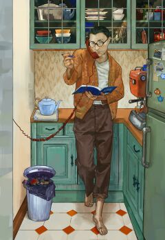 1boy absurdres black_hair black_pants commentary corded_phone disco_elysium english_commentary full_body glasses highres holding holding_notebook holding_pen indoors jacket kim_kitsuragi kitchen kozmoraven1610 looking_at_viewer male_focus notebook orange_jacket pants pants_rolled_up pen phone refrigerator shelf shirt short_hair solo standing talking_on_phone teapot trash_can white_shirt