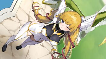 1girl blonde_hair blue_eyes blunt_bangs blush breasts code_geass code_geass:_genesic_re;code from_above grass hair_ribbon highres large_breasts long_hair mecha_pilot_suit monica_kruszewski non-web_source official_art one_eye_closed red_ribbon ribbon smile solo stretching twintails