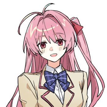 Rule 34 | 1girl, :d, antenna hair, blazer, blush, bow, bowtie, chaos;head, collared shirt, hair between eyes, hair ribbon, highres, jacket, long hair, long sleeves, looking at viewer, open mouth, pink eyes, pink hair, ribbon, sakihata rimi, sakuralce, school uniform, science adventure, shirt, simple background, smile, solo, suimei academy school uniform, teeth, upper body, upper teeth only, white background, white shirt