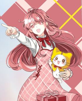 Rule 34 | 1girl, ahoge, animal, argyle background, argyle clothes, argyle dress, artist request, blue background, bow, bowtie, cat, chinese commentary, cloak, collared shirt, commentary request, cowboy shot, cross-laced clothes, cross-laced dress, dot nose, dress, dress ribbon, ear covers, eyelashes, floating hair, frilled shirt collar, frilled sleeves, frills, hair between eyes, happy, high collar, highres, holding, holding animal, holding cat, hood, hood up, hooded cloak, long hair, long sidelocks, long sleeves, medium dress, navel, nikki (nikki), nikki (series), open mouth, pawpads, pinafore dress, pink background, pink dress, pink eyes, pink hair, pointing, pointing forward, red bow, red bowtie, red ribbon, ribbon, second-party source, shining nikki, shirt, sidelocks, sleeveless, sleeveless dress, smile, solo, standing, traditional bowtie, two-tone background, very long hair, whiskers, white cat, white shirt, yellow cloak