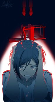 Rule 34 | 1boy, 1girl, blue hair, blue theme, chair, clenched teeth, commentary request, crying, crying with eyes open, death, hair between eyes, hands on own head, hanged, kiri (fog kai), kisaragi ayumi, kisaragi tsutomu, limited palette, shirt, short hair, spoilers, suicide, tears, teeth, toshi densetsu kaitai center, upper body, white shirt
