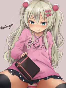 Rule 34 | 1girl, :q, akino shuu, artist name, black skirt, black thighhighs, blonde hair, blue eyes, bow, box, box of chocolates, closed mouth, clothes writing, commentary request, gift, gift box, grecale (kancolle), hair bow, jewelry, kantai collection, long hair, necklace, panties, pantyshot, partial commentary, pink bow, pink panties, skirt, solo, striped clothes, striped panties, thighhighs, tongue, tongue out, twitter username, two side up, underwear, valentine