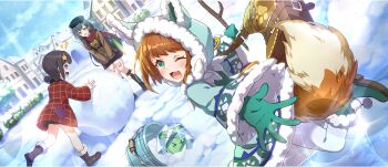 3girls :3 animal_ear_hood ankle_boots bag beret black_boots black_hair black_hat black_skirt boots brown_boots brown_coat brown_hair bucket building buttons cabbage cabbage_(konosuba) child coat creature day double-breasted fake_animal_ears fang frozen fur-trimmed_boots fur-trimmed_coat fur_trim game_cg gloves green_boots green_coat green_eyes green_gloves hair_ornament hairclip hairpin hands_on_own_knees hat highres holding holding_stick hood hood_up hooded_coat komekko kono_subarashii_sekai_ni_shukufuku_wo! konosuba!_fantastic_days leaning_forward lia_(konosuba) long_hair looking_at_another looking_at_viewer medium_hair miia_(konosuba) miniskirt multiple_girls official_alternate_costume official_art one_eye_closed open_mouth outdoors outstretched_arm pantyhose patchwork_clothes pom_pom_(clothes) reaching reaching_towards_viewer red_eyes red_scarf red_socks scarf short_hair short_twintails shoulder_bag sidelocks skirt snow snowball socks star_(symbol) star_hair_ornament stick sunlight swept_bangs tail twintails white_pantyhose winter winter_clothes winter_coat