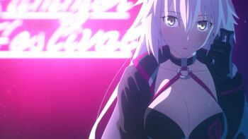 1girl bikini black_bikini black_gloves black_jacket blush breasts cleavage collarbone fate/grand_order fate_(series) female_focus gloves high_heels jacket jeanne_d'arc_(fate) jeanne_d'arc_alter_(fate) jeanne_d'arc_alter_(swimsuit_berserker)_(fate) large_breasts long_hair long_sleeves looking_at_viewer o-ring o-ring_bikini_top o-ring_swimsuit open_mouth sexually_suggestive solo solo_focus swimsuit white_hair yellow_eyes