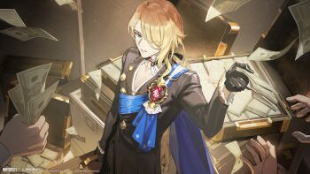 1boy absurdres banknote black_gloves black_jacket blonde_hair blue_cape blue_eyes cape copyright_name copyright_notice from_above giving gloves grin hair_over_one_eye hand_up heizu_(xinyue_tongxing) highres holding holding_money holding_suitcase jacket logo long_hair male_focus money official_art official_wallpaper one_eye_covered open_suitcase smile solo_focus suitcase sweat too_many_banknotes upper_body xinyue_tongxing