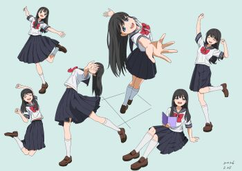 1girl absurdres akebi-chan_no_serafuku akebi_komichi arm_up black_hair blue_eyes blush breasts brown_shoes cheering closed_eyes commentary_request highres jumping key_season long_hair looking_at_viewer multiple_views open_mouth pleated_skirt reaching reaching_towards_viewer roubai_academy_school_uniform_(new) school_uniform serafuku shoes skirt small_breasts socks standing standing_on_one_leg teeth upper_teeth_only white_socks