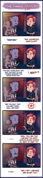 alien asari asari_(mass_effect) biowarefemslash blush comic commander_shepard commander_shepard_(female) drink english_text highres holding holding_drink liara_t&#039;soni mass_effect_(series) star_(symbol) stunned tumblr