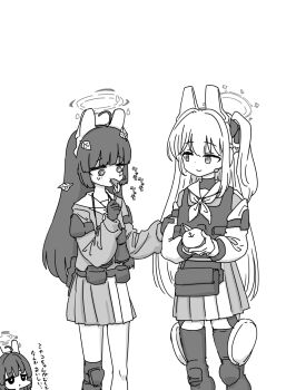 2girls ahoge animal_ears apple apple_rabbit belt blue_archive bulletproof_vest commentary_request eating fake_animal_ears food food_art fruit greyscale halo highres holding holding_food holding_fruit holding_knife knee_pads knife leaf leaf_on_head long_hair looking_at_another miyako_(blue_archive) miyu_(blue_archive) monochrome multiple_girls neckerchief nishino_hikoji one_side_up pleated_skirt rabbit-ear_headwear rabbit_ears school_uniform serafuku simple_background single_knee_pad skirt straight_hair translation_request utility_belt very_long_hair white_background