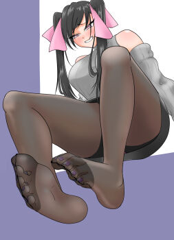 1girl black_hair blush feet grin highres kon_(user_vvkd7358) long_hair pantyhose purple_eyes smile soles toes twintails