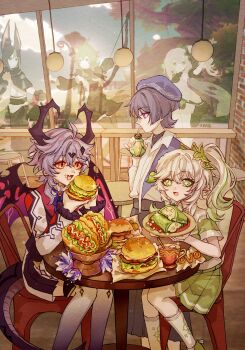 1girl 2boys alternate_costume artist_name bar_stool beret black_horns black_pants black_shorts blunt_ends bow bright_pupils brooch burger casual chair closed_mouth collar collared_shirt collei_(genshin_impact) contemporary cross-shaped_pupils crossed_bangs cup dragon_horns dragon_tail dragon_wings drinking drinking_straw eating eyelashes eyeliner eyeshadow facial_mark flower food food_on_face food_wrapper forehead_mark frilled_collar frilled_sleeves frills genshin_impact green_eyes green_hair green_shoes green_skirt green_trim hair_ornament hakama hakama_pants half_crown_braid hand_up hat highres holding holding_food holding_plate horns humanization ice ice_cube indoors japanese_clothes jewelry leaf leaf_hair_ornament liuyun_(liuyun73492) long_hair long_sleeves looking_at_another looking_to_the_side makeup mini_durin_(genshin_impact) mini_durin_(human)_(genshin_impact) multicolored_hair multiple_boys nahida_(genshin_impact) official_alternate_costume open_mouth orange_eyes padisarah_flower pants plate pleated_pants pleated_skirt pointy_ears purple_bow purple_eyes purple_flower purple_hair purple_hat purple_shawl purple_sleeves purple_wings railing red_eyeliner red_eyeshadow ribbed_socks scaramouche_(genshin_impact) shawl shirt shoes shorts side_ponytail sidelocks sitting skirt socks sparkle stool streaked_hair sumeru_city symbol-shaped_pupils table tail tea thighhighs tighnari_(genshin_impact) undershirt wanderer_(genshin_impact) wanderer_(wanderer_impression)_(genshin_impact) white_hair white_pupils white_shirt white_shorts white_sleeves white_socks white_thighhighs white_trim wings wooden_railing wooden_table