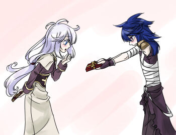 1boy 1girl acolyte_(ragnarok_online) armor assassin_(ragnarok_online) bandages bandages_over_clothes blue_eyes blue_hair blush capelet commentary_request cowboy_shot fingerless_gloves gift gloves holding holding_gift long_hair long_sleeves open_mouth pants pauldrons purple_pants purple_shirt ragnarok_online shirt shoulder_armor skirt sleeveless sleeveless_shirt toriria white_capelet white_hair white_skirt