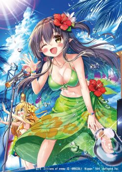 Rule 34 | 2girls, akabane (zebrasmise), bikini, black hair, blonde hair, blue eyes, blue sky, blush stickers, bracelet, breasts, brown eyes, cleavage, cloud, cloudy sky, commentary request, concert, copyright name, copyright notice, flower, freesia (z/x), from below, green bikini, hair flower, hair ornament, jewelry, large breasts, long hair, microphone stand, multiple girls, navel, official art, one eye closed, one side up, open mouth, outdoors, pecteilis, pointy ears, sky, sparkle, sweat, sweatdrop, swimsuit, water drop, yellow bikini, z/x