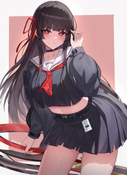 1girl absurdres artist_name black_choker black_hair black_jacket black_serafuku black_shirt black_skirt blush breasts bright_pupils chisa_(wuthering_waves) choker closed_mouth collarbone commentary crop_top fingernails hair_ribbon hand_up highres holding holding_sword holding_weapon jacket large_breasts long_hair long_sleeves looking_at_viewer midriff nail_polish navel red_eyes red_ribbon ribbon sailor_collar school_uniform serafuku shirt skirt solo sword thighs very_long_hair weapon white_pupils white_sailor_collar wuthering_waves zcri