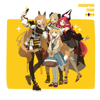 4girls :d absurdres animal_ears ankle_strap anklet arknights arm_cutout basket belt black_choker black_jacket black_socks blonde_hair blue_hairband blue_skirt boots bracelet breasts bright_pupils brown_bag brown_boots brown_dress brown_hair brown_shoes cardigan ceobe_(arknights) chinese_commentary choker closed_eyes clothing_cutout colored_tips commentary commentary_request cross-laced_clothes cross-laced_skirt cross-laced_slit demon_horns diamond-shaped_pupils diamond_(shape) dog_ears dog_girl dog_tail dress english_commentary fox_ears fox_girl fox_tail frilled_hairband frills full_body green_eyes hairband highres holding holding_basket horns ifrit_(arknights) infection_monitor_(arknights) jacket jewelry kitsune kneehighs kyuubi lace-up_boots lantern233 long_hair long_sleeves looking_up medium_breasts multicolored_hair multiple_girls multiple_tails nymph_(arknights) off_shoulder one_eye_closed open_cardigan open_clothes open_mouth orange_eyes outstretched_arms pantyhose parted_bangs pink_hair pink_tail pointy_ears red_eyes red_shoes round_bag selfie shirt_tucked_in shoes short_dress skirt slit_pupils smile socks sparkle spread_arms standing strap suzuran_(arknights) suzuran_(spring_praise)_(arknights) symbol-shaped_pupils tail teeth thigh_boots thighhighs turtleneck turtleneck_dress two-tone_background two-tone_hair upper_teeth_only v very_long_hair vial white_background white_bag white_belt white_hair white_pantyhose white_pupils white_skirt yellow_background zettai_ryouiki