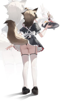 1girl absurdres alternate_costume animal_ears arknights ass back_bow black_bow black_dress black_panties black_shoes bow cake cake_slice cherry commentary_request cutter_(arknights) dress dress_bow enmaided facing_away food fox_ears fox_girl fox_tail from_behind fruit full_body garter_straps hair_bow highres holding holding_tray koshouko_(fenrisulfr1010) maid medium_hair panties parfait shoes short_sleeves solo standing tail thighhighs topknot tray underwear upskirt white_bow white_thighhighs zoom_layer