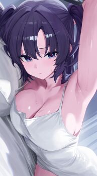 1girl absurdres arm_behind_head armpits blue_archive blush breasts cleavage closed_mouth dress highres large_breasts looking_at_viewer purple_eyes purple_hair sei_(0724sei6) sleeveless sleeveless_dress solo sweat two_side_up white_dress yuuka_(blue_archive)